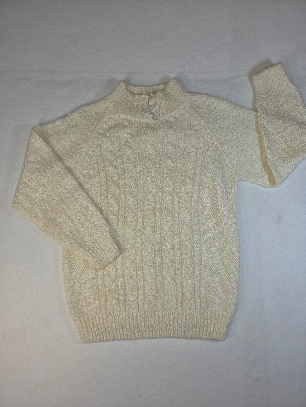 Jennifer Moore Vintage Cable Knit Sweater Ivory White Cream Size S Faux Pearl Mo